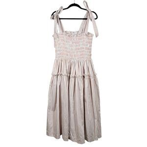 En Saison Ida Smocked Midi Dress Tiered Pink White Stripe Ties Size Large